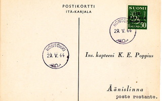 Postikortti Itä-Karjala Sot.Hallinto Kontokki Leima 1944