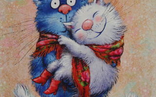 Irina Zeniuk sinisen kissan sylissä valkoinen kissa