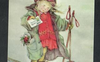 Joulukortti - Lisi Martin - Hiihtävä pieni tyttö ja kirjeet