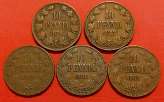 5 x 10 penniä - 1865, 1866, 1867, 1876 ja 1897.  (KD31)