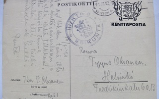 VANHA Kortti Kenttäposti II/KTR 8 Esikunta Leima 1940