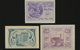 Itävalta Notgeld 10, 20, 50 Heller, Schardenberg 1920