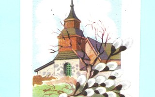 Vanha pääsiäiskortti: Kirkko, pajunoksat, -45