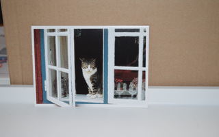 postikortti kissa ikkunassa