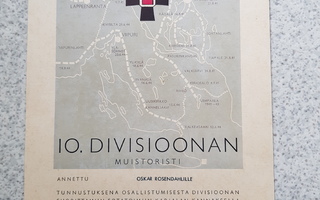 Luovutus todistus 10 Divisiona 1941-1944 hyväkuntoinen