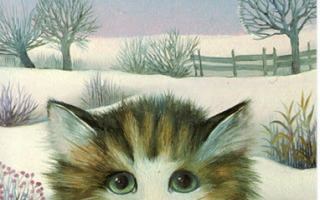 Renate Koblinger: Kissa, talvimaisema takana
