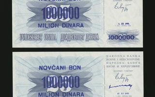 Bosnia Herzegovina 2 x 1000000 Dinara 1992 (1993) P35a-b