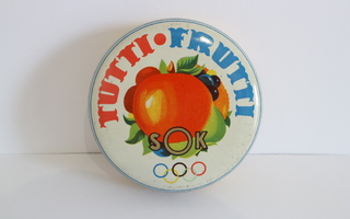 SOK Olympia Helsinki 1952 Tutti Frutti peltinen karkkipurkki