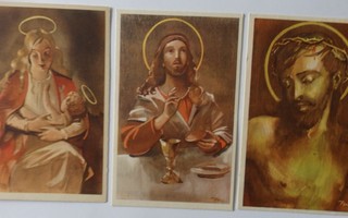 3 kpl Uskontoaiheisia postikortteja, piirt. Eeli Jaatinen