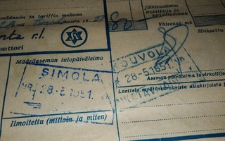 VR Simola Kouvola Asemaleima Rahtikirja 3kpl 1951 PK140/8