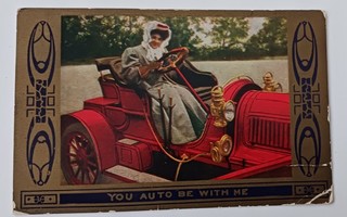 Upea leidi komeassa autossa, art nouveau -tyyliin, p. 1911
