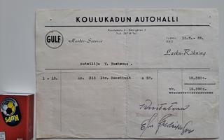 Gulf Huolto-Service -lasku vuodelta 1959, Koulukatu/ Turku.