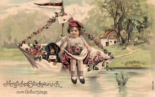Vanha postikortti- lapsi ja koira kukkaveneessä, koho