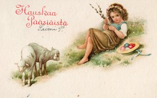 Vanha pääsiäiskortti-tyttö ja karitsat