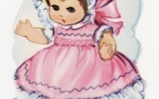 EO 8037 / Istuva nukke röyhelöhelmainen pinkki mekko yllään.