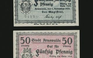 Saksa Notgeld 25, 50 Pfennig, Arnswalde 1918-19