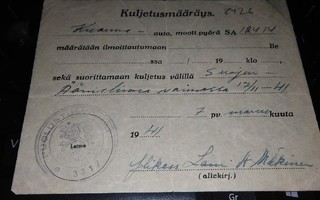 Kuljetusmääräys Suoju-Äänislinna 1941 PK900/18