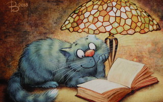 Irina Zeniuk sininen kissa lukee kirjaa lampun valossa