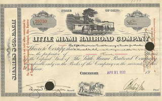 Rautatie Osakekirja Little Miami RW Co. 1930luku
