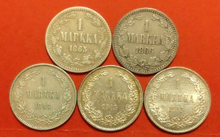 5 x 1 markka - 1865, 1866, 1908, 1915, 1915.  (KD31)