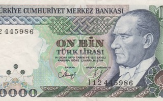 (B0052) TURKEY, L.1970 (1989 ND). 10000 Lira. P-200. VF