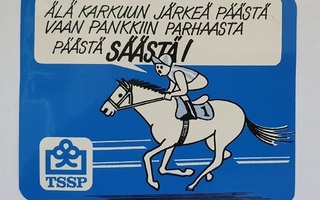 TSSP Säästöpankki -tarra 80-luvulta (ratsastaja)