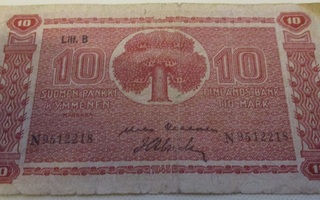 Seteli 10 mk Litt. B 1945 Suomen Pankki N9512218