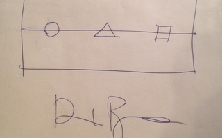David Byrne piirustus ja nimikirjoitus paperilla