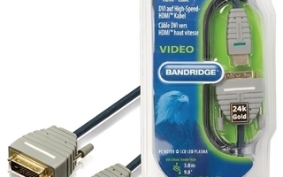 Bandridge DVI-D uros - HDMI uros Adapteri kaapeli, 3m *UUSI*