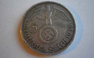 Natsisaksa 5 Reichsmark 1938, hakaristi, hopea