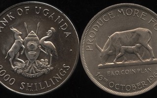 Uganda 5 shillings 1968 KM 12 ja 2000 shillings 1995 KM 53