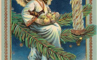 Vanha joulukortti-enkeli puun oksalla