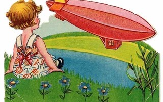 WANHA / Tyttö katselee ilmassa leijuvaa zeppeliniä. 1930-l.