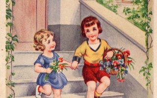 Vanha postikortti- lapset ja onnittelukukat