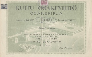 1938 Kuitu Oy,  Jääski pörssi osakekirja Karjala