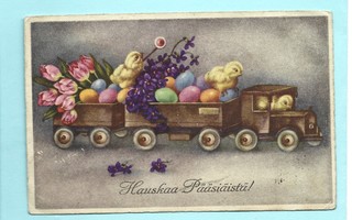 Vanha pääsiäiskortti: Tiput, rekka-auto, munat ja kukat,-39
