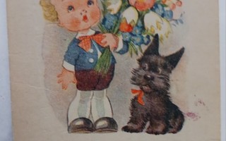 Lapsi ja koira tuovat onnittelukukkia ja laulavat, p. 1943