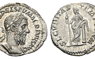 ANTIIKIN ROOMA: Macrinus, hopea-denaari vuodelta 217-18