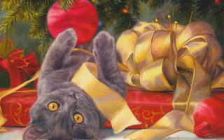 Lucy Bilodeau: Kissa selällään joulupaketin päällä