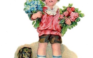 WANHA / Punanuttuinen poika, kukkia ja mäyräkoira. 1900-l.
