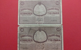 10 markkaa 1909 + 10 mk 1909. Surkea kunto . (KD16)