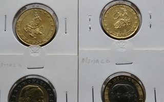 Monaco 10 s, 20 s, 50 s, 1 e ja 2 e   2002 kehyksissä leimak