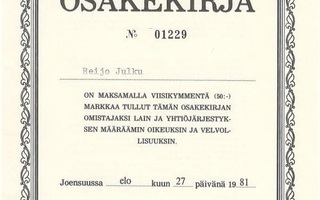 1981 Joensuun KTK Oy, Joensuu osakekirja