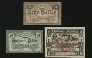 Itävalta Notgeld 10, 20, 50 Heller, Steyr 1920