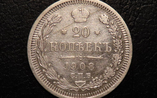 Venäjä. 20 kopeekkaa, Hopea,1908, 1+
