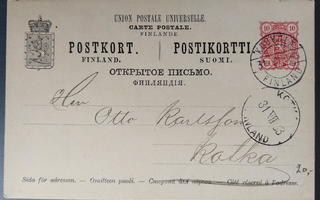 Ehiökortti 1893 harvinaisin FINLAND-leimoin Kouvolasta