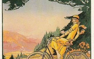 Pyöräilevä nainen, keltainen mekko (postikortti)