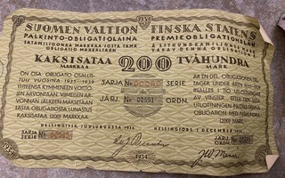 Suomen valtion obligaatiolaina 200 markkaa