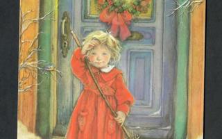Joulukortti - Lisi Martin - Punamekkoinen tyttö oven edessä
