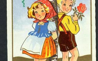 Lapsi - Lapsipari koivun alla - Kortti 1940-50-luvulta